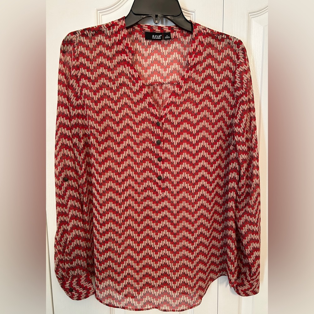 ANA: Sheer red pattern, button front blouse, size M